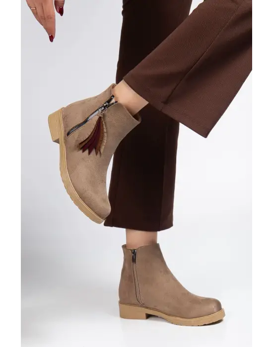 165-205 Vizon Süet  Yaprak Desenli Fermuarlı Günlük Kadın Bot