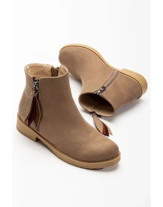 165-205 Vizon Süet  Yaprak Desenli Fermuarlı Günlük Kadın Bot