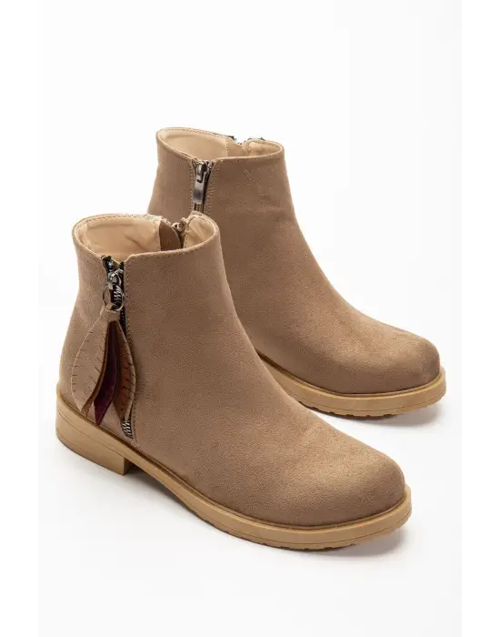 165-205 Vizon Süet  Yaprak Desenli Fermuarlı Günlük Kadın Bot