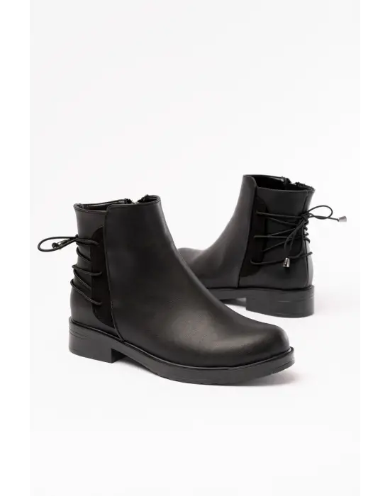 Siyah Arka Bağcık Aksesuarlı Fermuarlı Günlük Kadın Bot