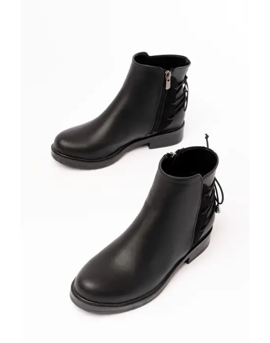 Siyah Arka Bağcık Aksesuarlı Fermuarlı Günlük Kadın Bot