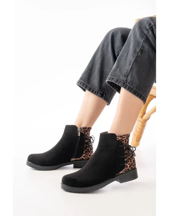 Siyah Leopar Arka Bağcık Aksesuarlı Fermuarlı Günlük Kadın Bot