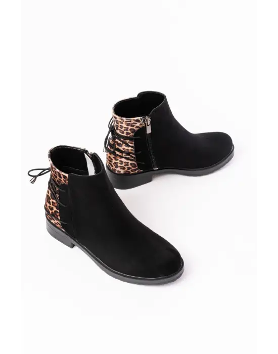 Siyah Leopar Arka Bağcık Aksesuarlı Fermuarlı Günlük Kadın Bot