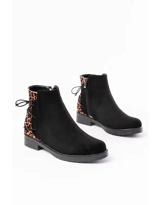 Siyah Leopar Arka Bağcık Aksesuarlı Fermuarlı Günlük Kadın Bot