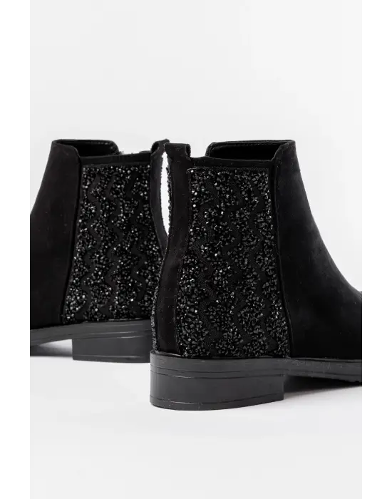 Siyah Süet Taş Aksesuarlı Fermuarlı Günlük Kadın Bot