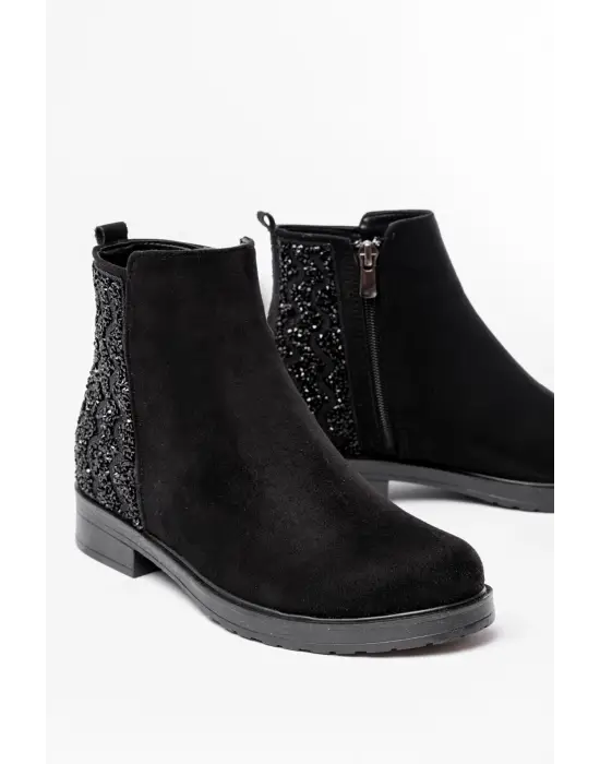 Siyah Süet Taş Aksesuarlı Fermuarlı Günlük Kadın Bot