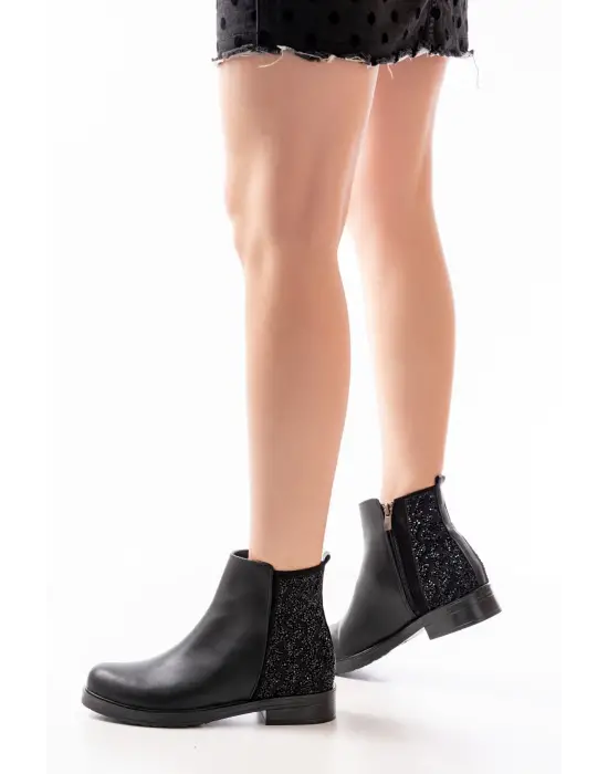 Siyah Taş Aksesuarlı Fermuarlı Günlük Kadın Bot