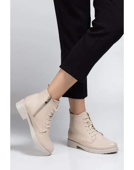 165-225 Bej Cilt Bağcıklı Fermuarlı Günlük Kadın Bot
