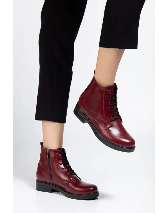 165-225 Bordo Yanki Bağcıklı Fermuarlı Günlük Kadın Bot