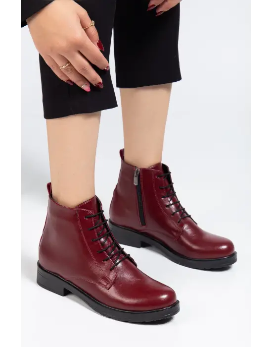 165-225 Bordo Yanki Bağcıklı Fermuarlı Günlük Kadın Bot