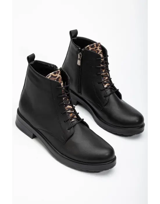 Siyaha Leopar Bağcıklı Fermuarlı Günlük Kadın Bot