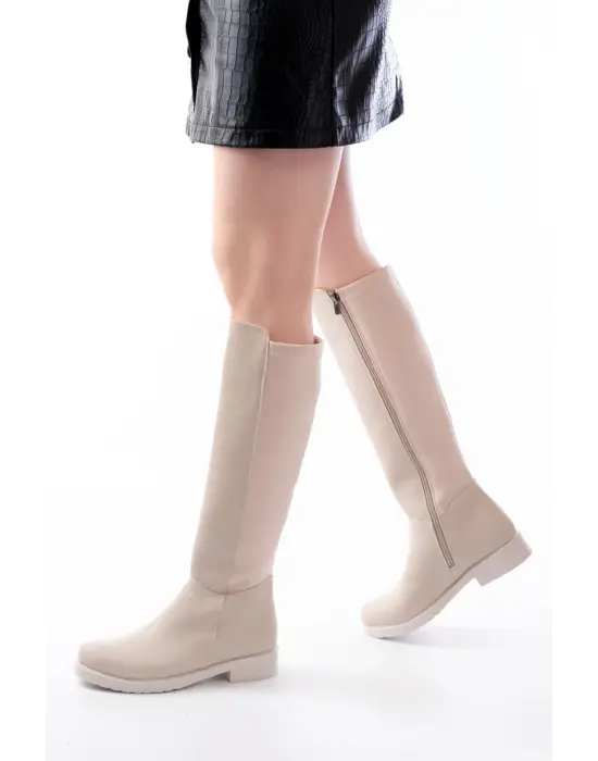 165-305 Bej Arka Streç Fermuarlı Günlük Kadın Çizme