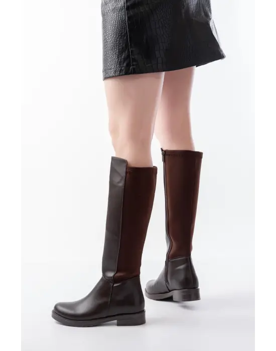 165-305 Kahve Arka Streç Fermuarlı Günlük Kadın Çizme