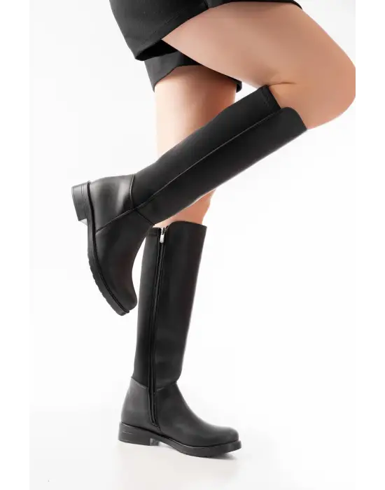 Siyah Arka Streç Fermuarlı Günlük Kadın Çizme