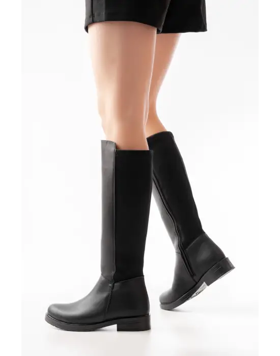 Siyah Arka Streç Fermuarlı Günlük Kadın Çizme