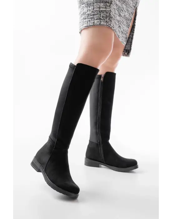 Siyah Süet Arka Streç Fermuarlı Günlük Kadın Çizme