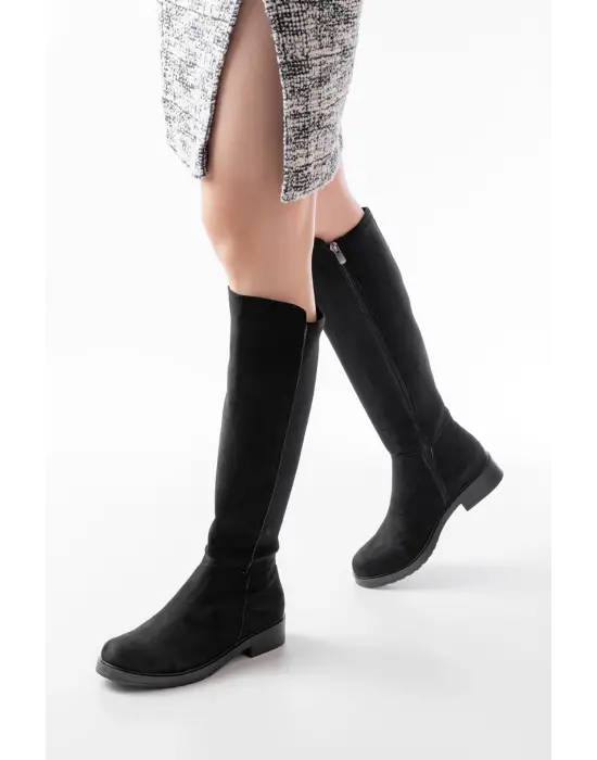 Siyah Süet Arka Streç Fermuarlı Günlük Kadın Çizme