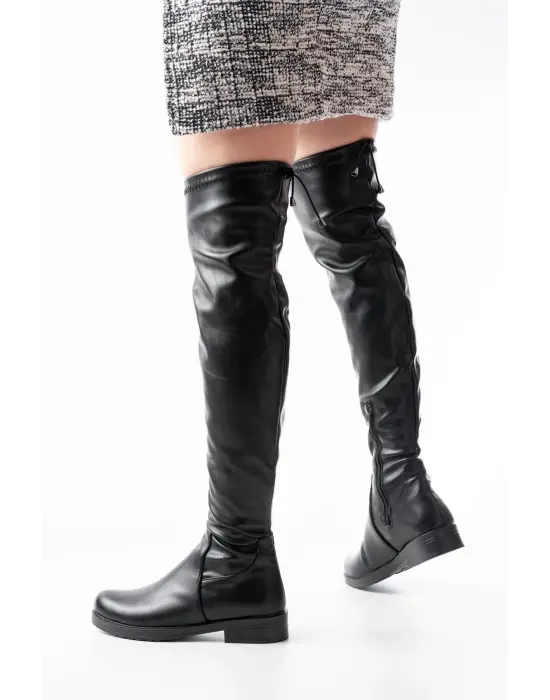 165-streç Siyah Diz Üstü Fermuarlı Günlük Kadın Çizme