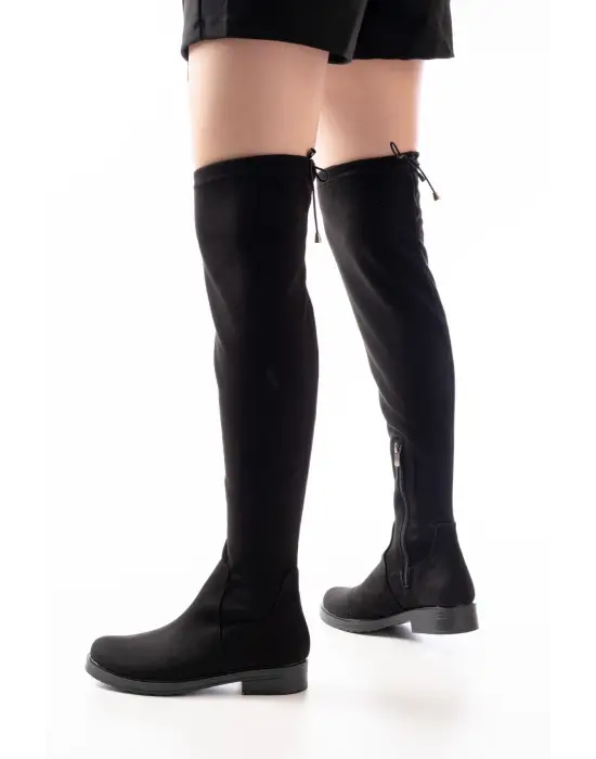 Streç Siyah Süet Diz Üstü Fermuarlı Günlük Kadın Çizme