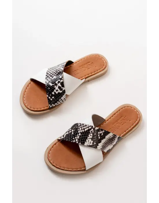 Beyaz Ortopedik Hakiki Deri Çapraz Bantlı Kadın Terlik