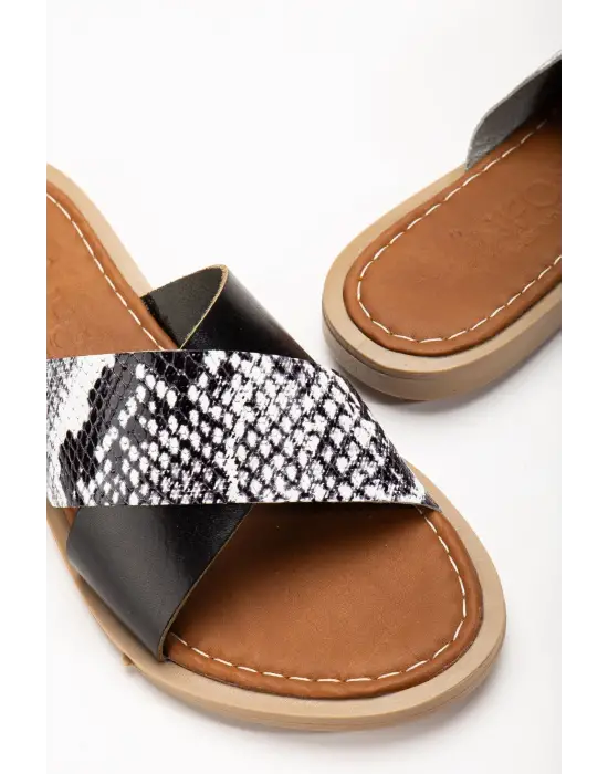 Siyah Ortopedik Hakiki Deri Çapraz Bantlı Kadın Terlik