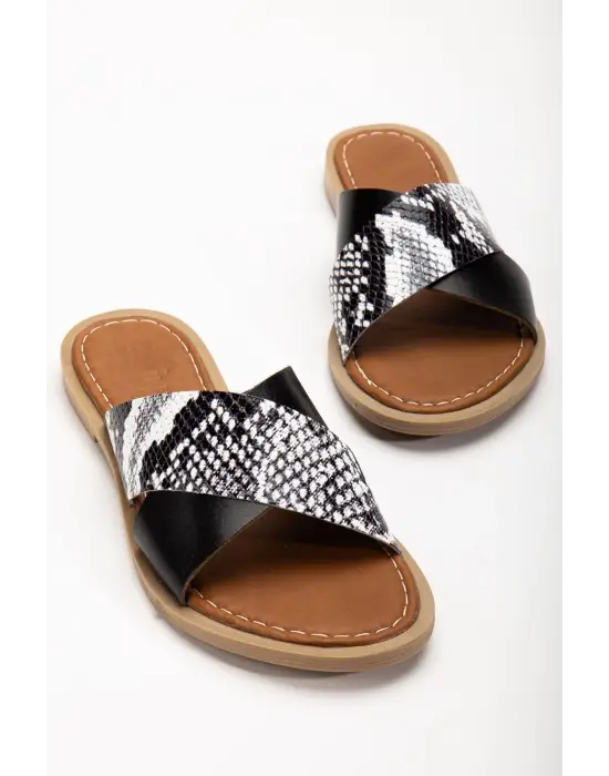 Siyah Ortopedik Hakiki Deri Çapraz Bantlı Kadın Terlik