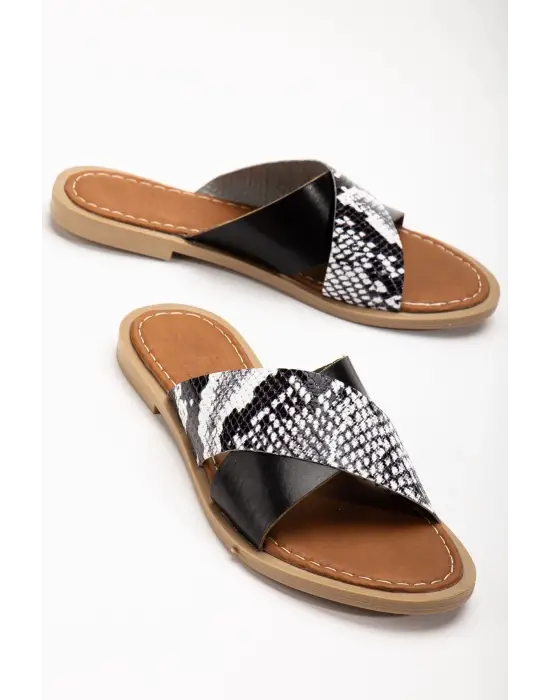 Siyah Ortopedik Hakiki Deri Çapraz Bantlı Kadın Terlik