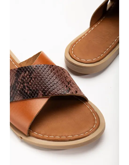 Taba Ortopedik Hakiki Deri Çapraz Bantlı Kadın Terlik