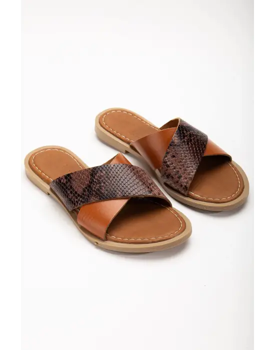 Taba Ortopedik Hakiki Deri Çapraz Bantlı Kadın Terlik