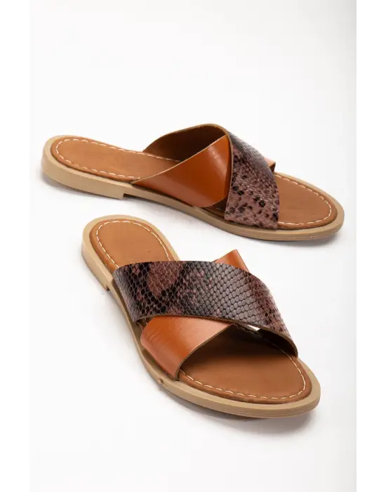 169-076 Taba Ortopedik Hakiki Deri Çapraz Bantlı Kadın Terlik