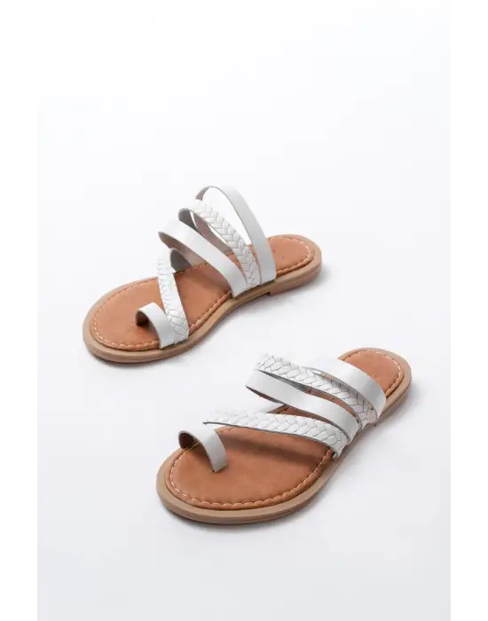 169-160 Beyaz  Örgülü Ortopedik Taban Parmak Arası Hakiki Deri Kadın Terlik