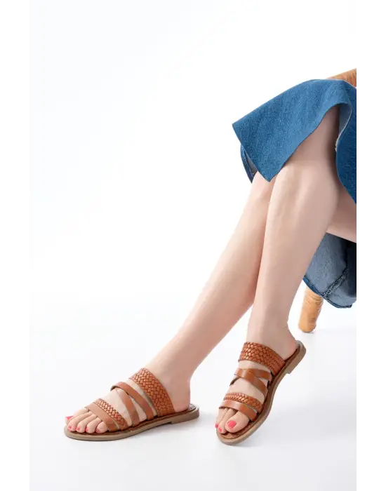 169-161 Taba Örgülü Ortopedik Taban Hakiki Deri Kadın Sandalet