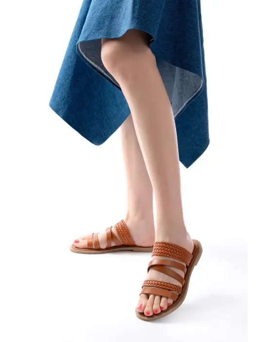 169-161 Taba Örgülü Ortopedik Taban Hakiki Deri Kadın Sandalet