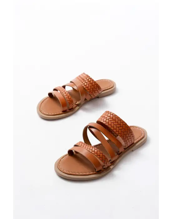 169-161 Taba Örgülü Ortopedik Taban Hakiki Deri Kadın Sandalet