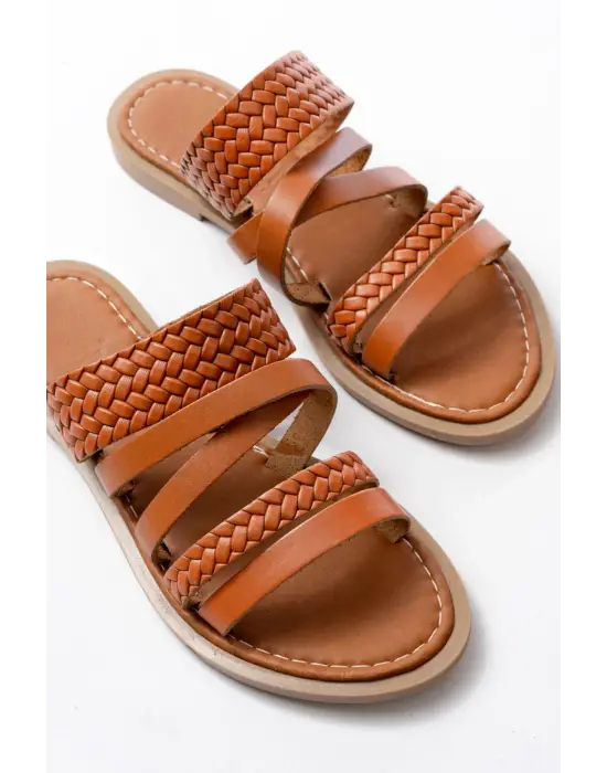 169-161 Taba Örgülü Ortopedik Taban Hakiki Deri Kadın Sandalet