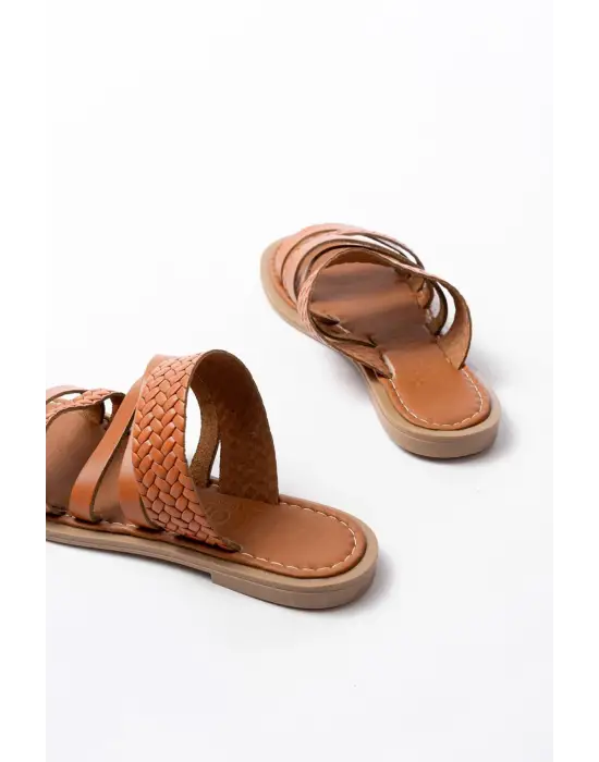 169-161 Taba Örgülü Ortopedik Taban Hakiki Deri Kadın Sandalet