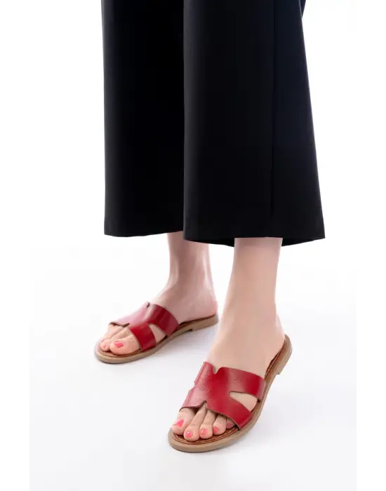 169-6100 Kırmızı Ortopedik Hakiki Deri Kadın Terlik