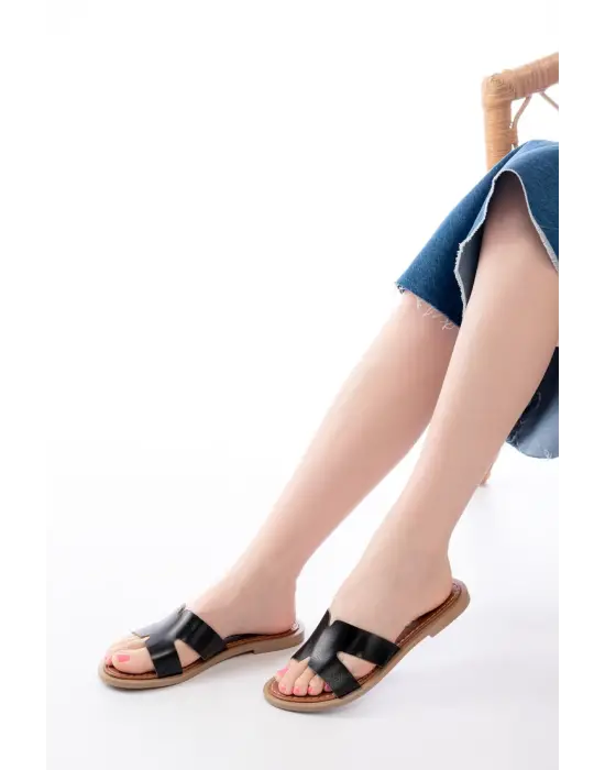 169-6100 Siyah Ortopedik Hakiki Deri Kadın Terlik