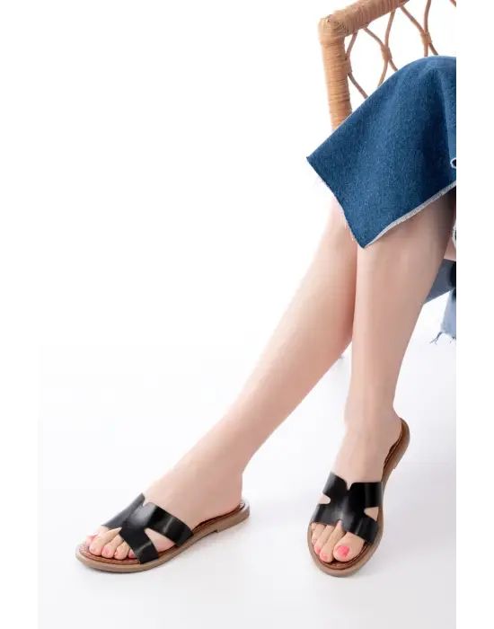 169-6100 Siyah Ortopedik Hakiki Deri Kadın Terlik