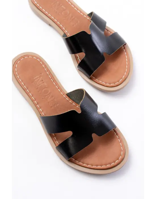 169-6100 Siyah Ortopedik Hakiki Deri Kadın Terlik