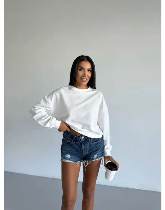 2 İplik Bisiklet Yaka Sweat Beyaz F2339