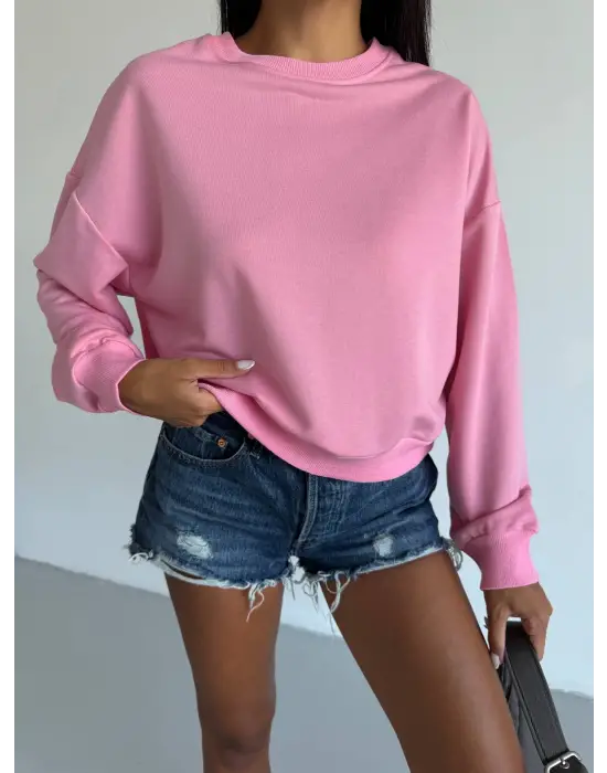 2 İplik Bisiklet Yaka Sweat Pembe F2339