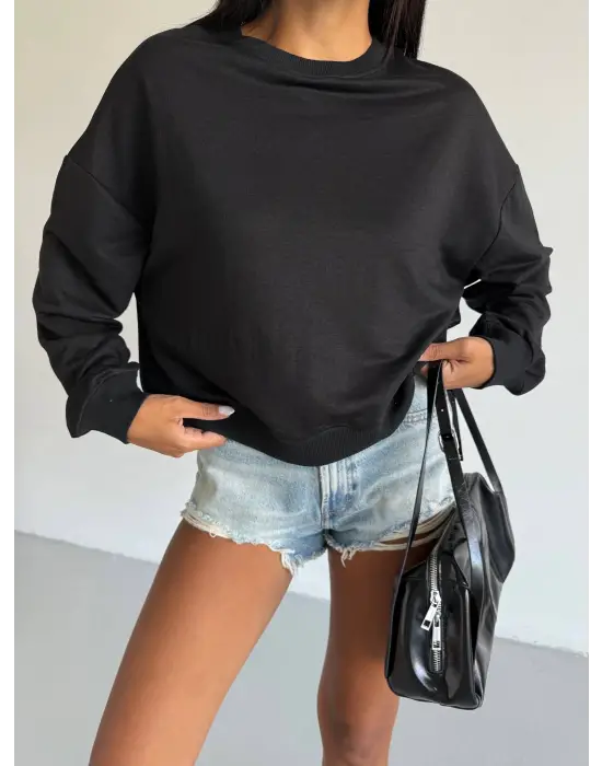 2 İplik Bisiklet Yaka Sweat Siyah F2339