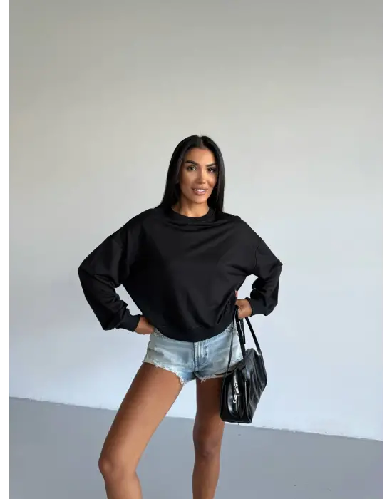 2 İplik Bisiklet Yaka Sweat Siyah F2339