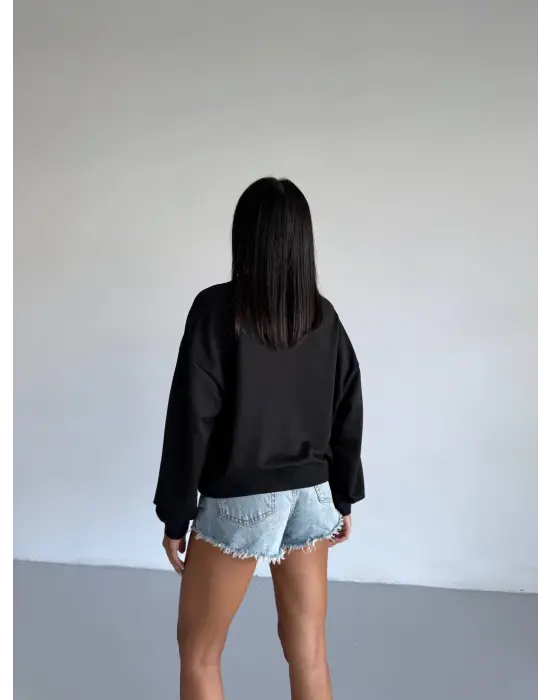 2 İplik Bisiklet Yaka Sweat Siyah F2339