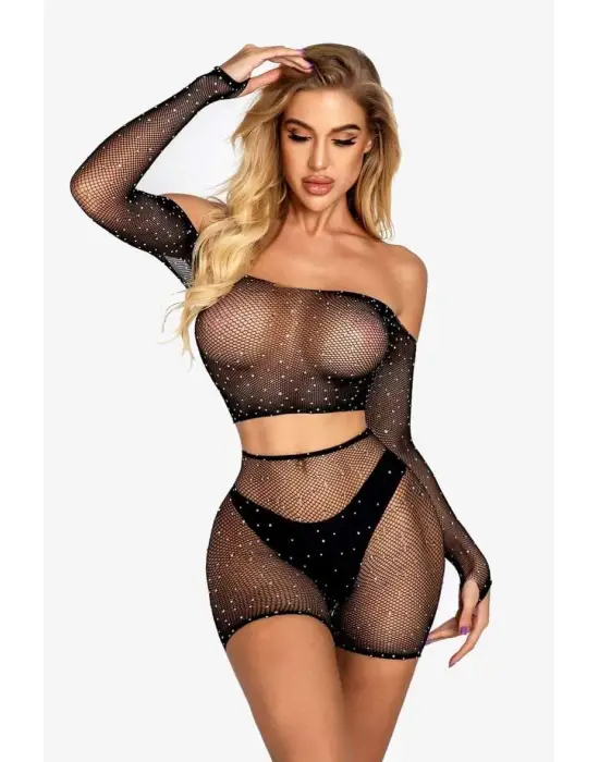 2 Parça Taşlı Omuzları Açık Crop- Şort Vücut Çorabı