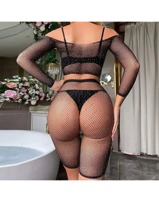 2 Parça Taşlı Omuzları Açık Crop- Şort Vücut Çorabı