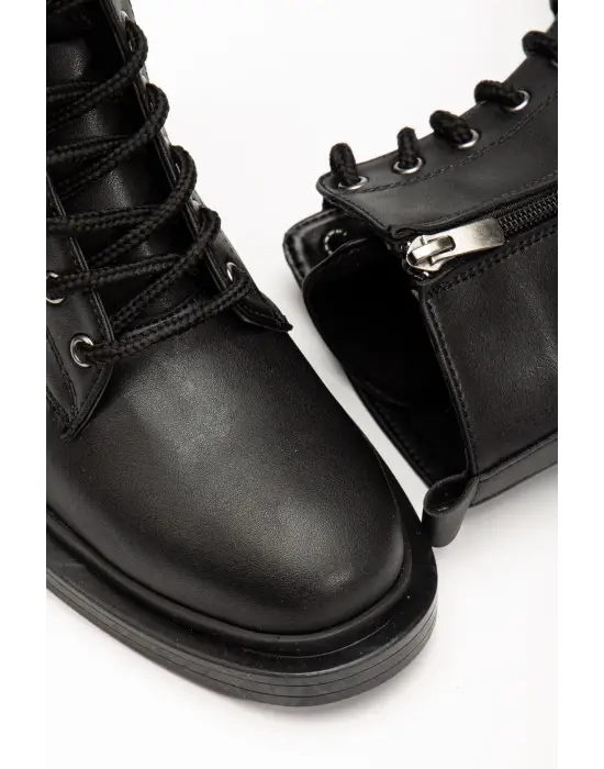 Siyah Bağcıklı Fermuarlı Günlük Kadın Bot