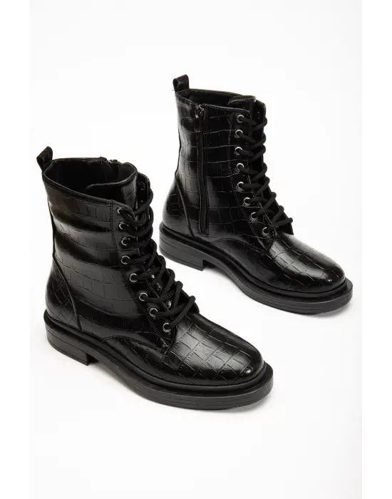 Siyah Kroko Bağcıklı Fermuarlı Günlük Kadın Bot