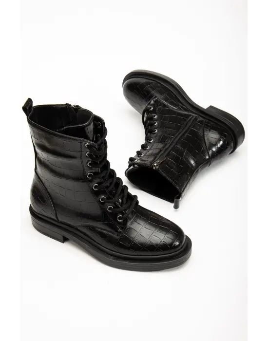 2024-2289 Siyah Kroko Bağcıklı Fermuarlı Günlük Kadın Bot
